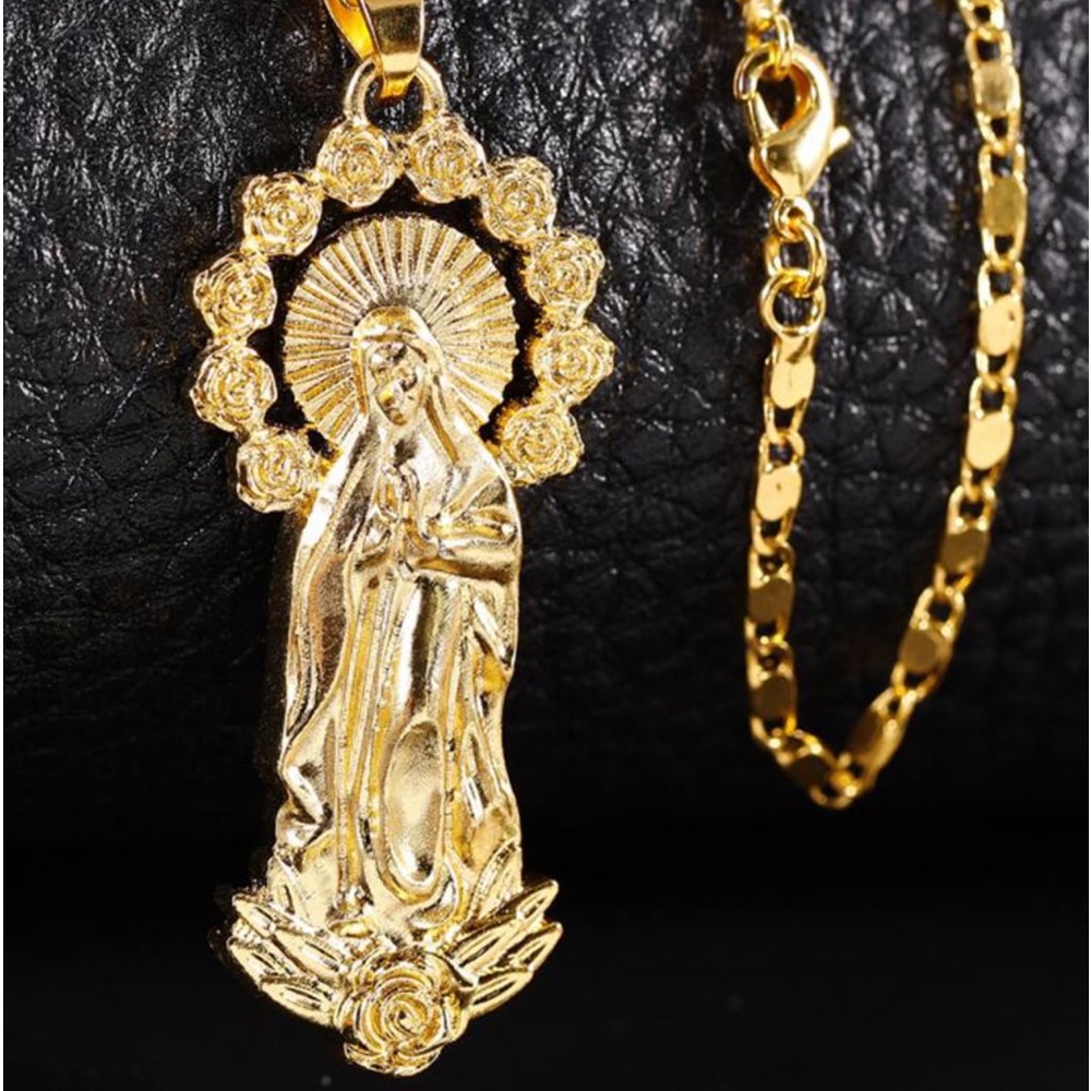 14k Gold Plated Womens Mens Link Chain And Virgin Mary Pendant Necklace 18” - Picture 16 of 16